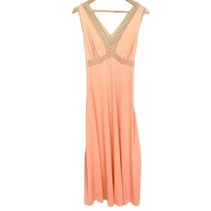 Vintage Vanity Fair Long Nylon Nightgown Tie Back Crochet Trim 70s